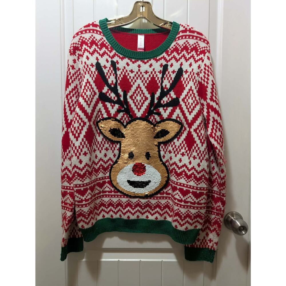 Ugly Christmas Sweater Sequin Rudolph Reindeer Red & Green, Juniors XXL 19